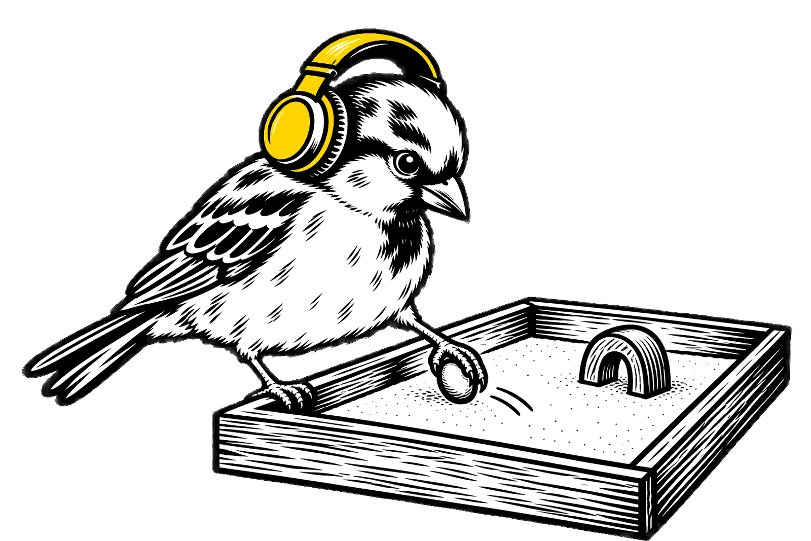A sparrow in headphones at a sand tray, placing a small stone in the sand.